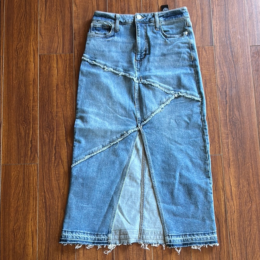 Blue Denim Maxi Skirt with Frayed Hem